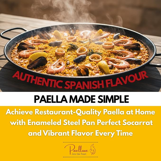 Paelluxe Paella Pan Enameled No-Rust Steel Skillet - 22 Inch, 16 Servings | Outdoor Propane Burner Only - Too Wide for Kitchen Stoves & Ovens. 1.2mm Carbon Steel, Easy-Clean Enamel, Handle Holders