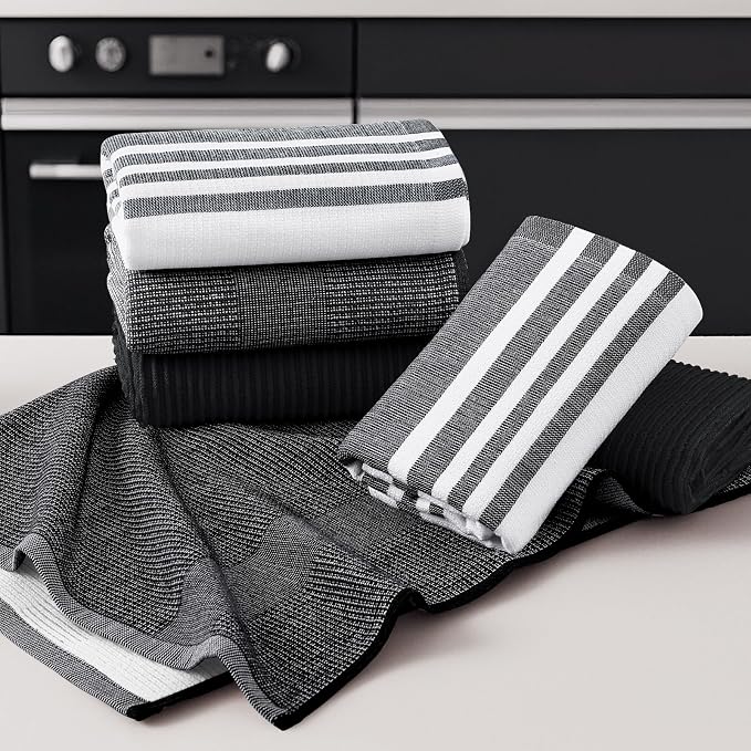 Homaxy Cotton 380 GSM Premium Kitchen Towels, 18"x 28", 6 Pack, Black | Soft and Absorbent Terry Dish Towels, Multipurpose Tea Towel Set with Hanging Loop, 3 Styles Kitchen Hand Towels