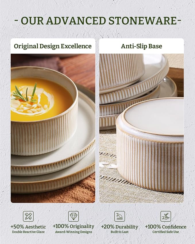 Famiware Star Stoneware Dinnerware Set, 8pc Dishes for 4, Cappuccino White | 7.5" Shallow Pasta Bowls & 10.5" Flat Dinner Plates, Everyday Dining, Chip & Scratch Resistant, Microwave & Dishwasher Safe