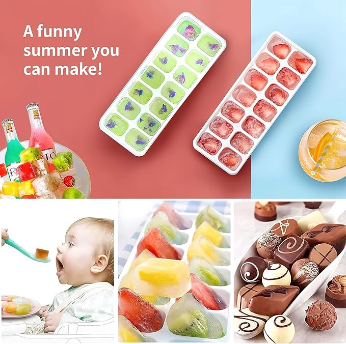 Ice Cube Trays 4 Pack, Airabc Silicone Ice Cube Trays with Removable Lid, Easy-Release Flexible 14-cube Ice Trays, LFGB Certified and BPA Free, Stackable Ice Trays with Covers for Cocktail, Freezer | Space-saving and stackable, LFGB certified and BPA f...