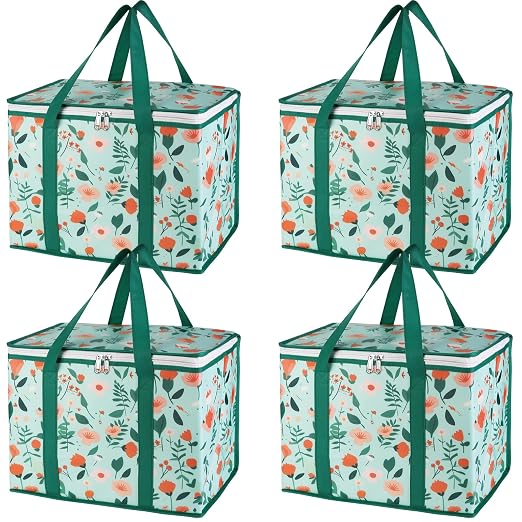 Bodaon 4-Pack Cooler Insulated Food Delivery Bag, X-Large Bags for Grocery/Catering/Shopping, Rideshare Delivery Bag, Thermal Hot Pizza, Large Cold and Frozen, XL Tote, Flower
