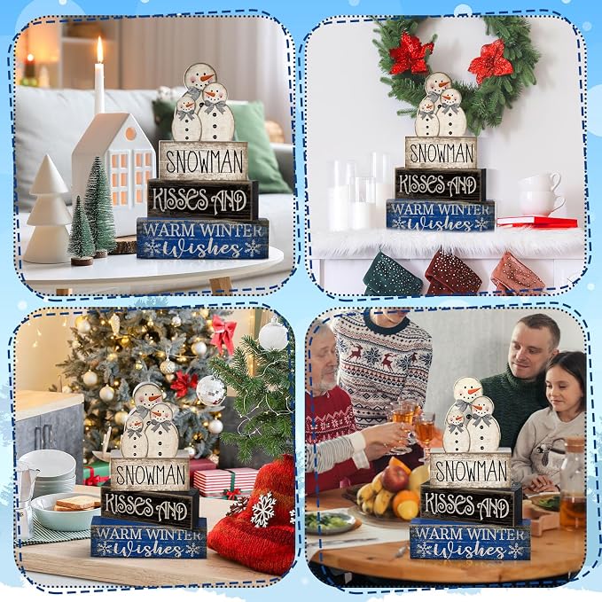 Lineshading 4 Pcs Wooden Snowman Tiered Tray Decor Winter Signs Home | Rustic Blocks with Snowman Family Topper, Warm Wishes Quote, Holiday Centerpiece for Christmas Tabletop Shelf Decorating