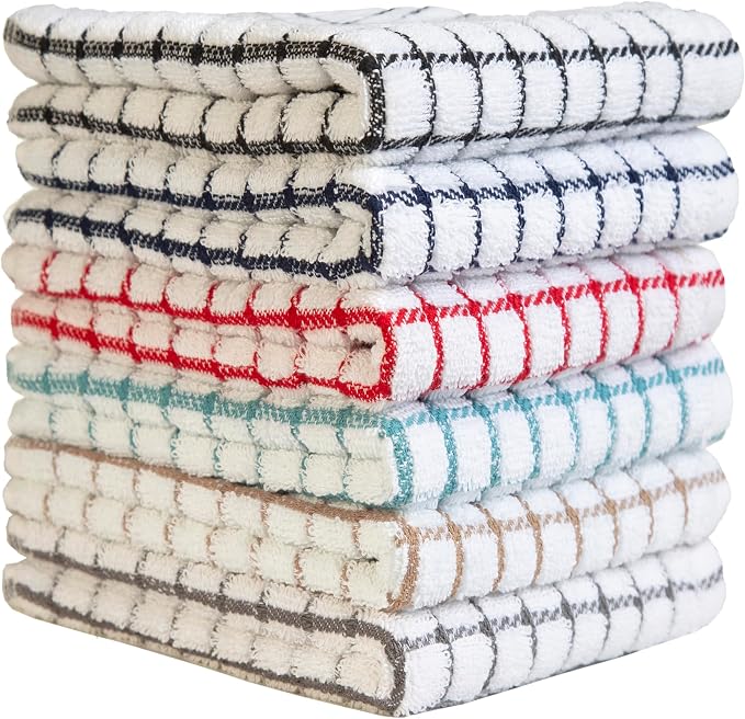 Bumble Kitchen Towels (6-Pack), 16"x28", 100% Cotton, Multicoloured Checked | 380 GSM | Soft kitchen hand towels , Highly Absorbent & Durable Dish Towels for kitchen with Hanging Loop