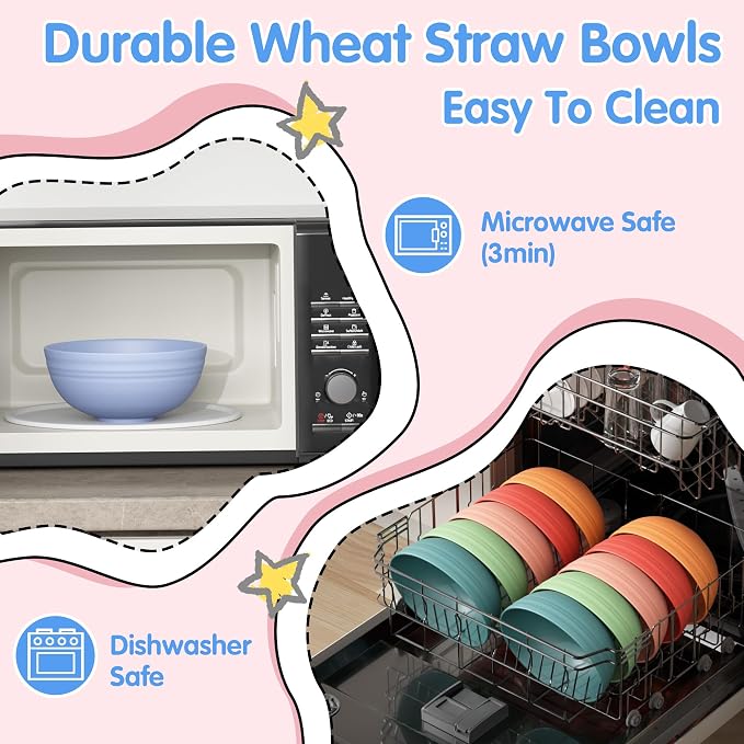 Quatish 14 PCS Unbreakable Cereal Bowls,Dishwasher & Microwave Safe Wheat Straw Bowls, Easy-to-Clean Lightweight Desserts & Soup Bowl, Portable for Picnics ，Snack Plastic Bowls Set，Multi-Color