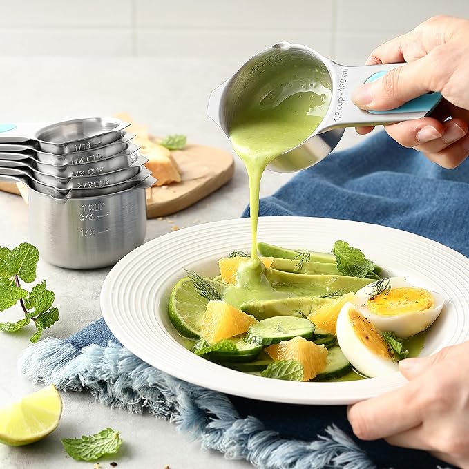 Spring Chef Magnetic Measuring Cups & Spoons Set of 15, Patented, Aqua Sky | Stackable Stainless Steel Measuring Cups & Heavy Duty Metal Measuring Spoons with Levelers for Dry & Liquid Ingredients