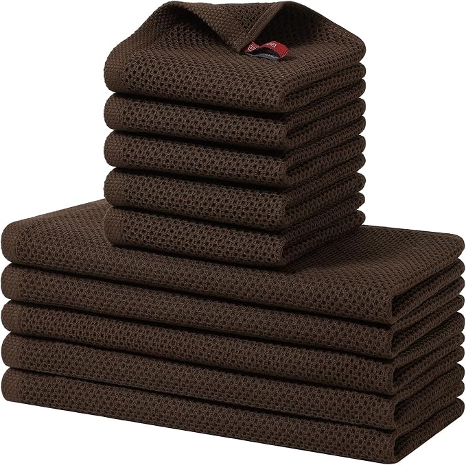 Homaxy 10 Pack 100% Cotton Kitchen Towels and Dishcloths Set, Dark Brown | 12 x 12 Inches and 13 x 28 Inches Kitchen Towels Set, Ultra Soft Absorbent Dish Cloths for Washing Dishes