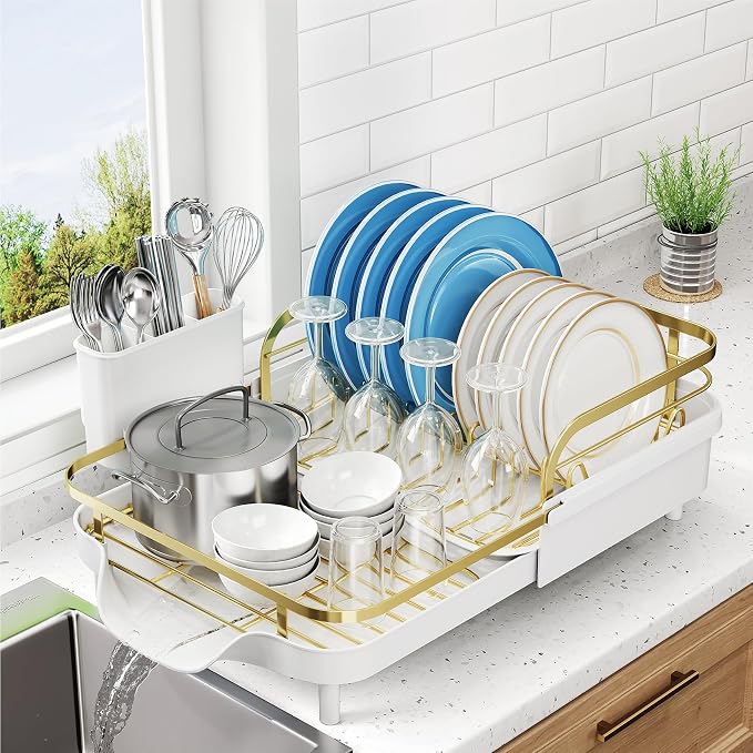 SNTD Expandable Dish Drying Rack for Kitchen Counter, 15.2-22.1 in, Gold | Rust-Resistant Stainless Steel, Protective Side Rails, Self-Draining Drainboard, Removable Utensil Holder