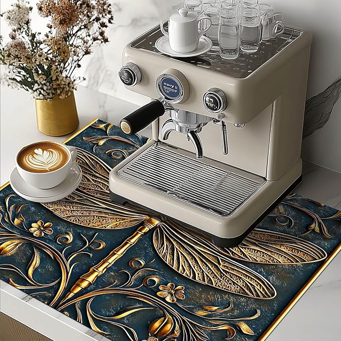 HOMETITUTE Golden Dragonfly Stove Top Cover 28x20 Diatomite Embossed Mat