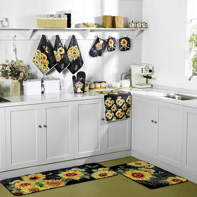 Fourluoo 10 Pcs Vintage Sunflower Kitchen Dish Towels Rugs Oven Mitts and Pot Holders Set Farmhouse Kitchen Decor Set for Women Mom Daughter Gift Cooking Baking Grilling(Vintage Gray)