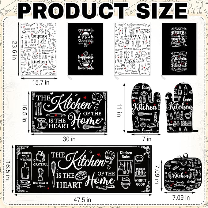 10 Pcs Kitchen Decor and Accessories Set, Modern Art | Farmhouse Chalkboard 4 Dish Towels Kitchen Rugs 2 Oven Mitts 2 Pot Holders, Home Decor for Cooking Baking BBQ Housewarming