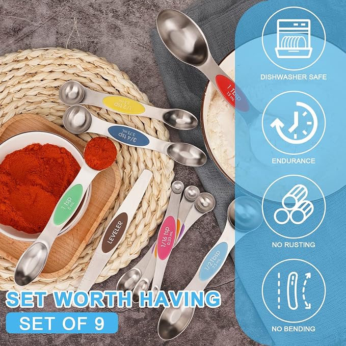 Aovchei 9 PCS MultiColor Magnetic Measuring Spoons Set | Dual Sided, Stainless Steel Small Tablespoon, Teaspoons, Fits in Spice Jars, for Dry and Liquid