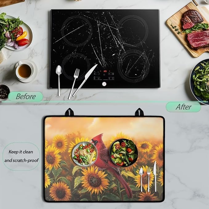 Sunflower Cardinal Stove Top Cover for Electric Stove(30 x21 Inches), Insulation Counter Tops Cover, Heat Resistant Glass Cooktop Protector, Folding Dish Drying Mats for Kitchen Easy to Clean
