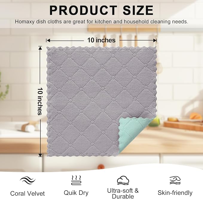 Homaxy 12 Pack Super Soft Dish Cloths, 10" x 10", Grey & Green | Coral Velvet, Nonstick Oil Fast Drying Microfiber Cleaning Cloth, No Lint Household Dishcloths