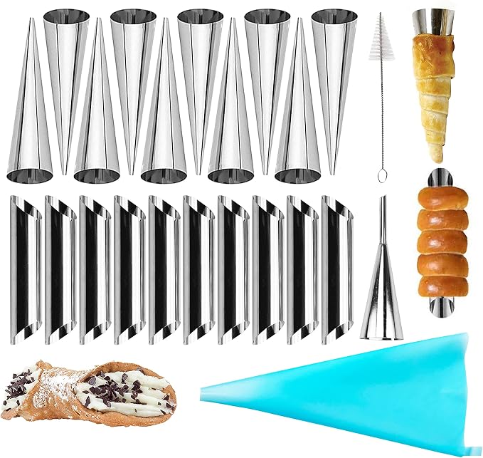 10 Pack Croissant Baking Forms 5 Inch + 10 Pack 5 Inch Cannoli Tube Moulds Kit, with Blue Pastry Bags Reusable, Cleaning Brush and Quality long Cream Icing Piping Tip for DIY Croissant Rolls