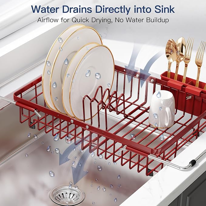 JASIWAY Red Dish Drying Rack Over the Sink with Utensil Holder | Expandable Stainless Steel Dish Driainers for Small Kitchen, Counter Space Saving, Fast Drain, Rust Resistant, For Apartment