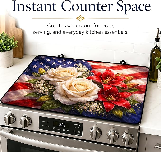 Patriotic Electric Stove Top Cover | Heat Resistant Glass Cooktop Protector for Kitchen Ceramic Countertops, Multiuse Stove Cover and Dish Drying Mat