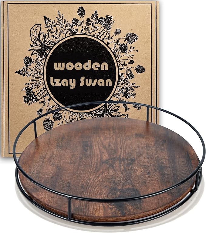 10" Rustic Brown Wood Lazy Susan,360° Decorative Turntable for Countertop