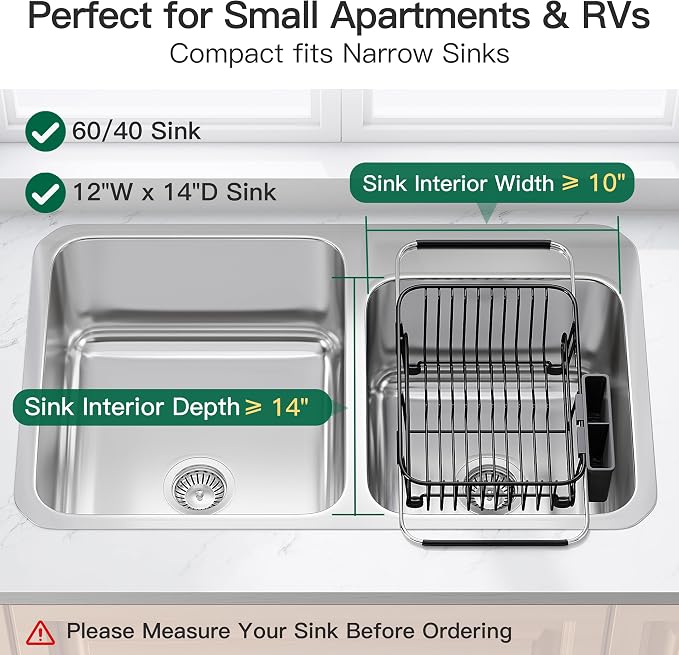 JASIWAY Black Dish Drying Rack in Sink with Utensil Holder, RV, Apartment | Over Sink Expandable Stainless Steel Dish Drainers for Compact Kitchen, Space Saving, Fast Drain, Rustproof, For 1-2 people
