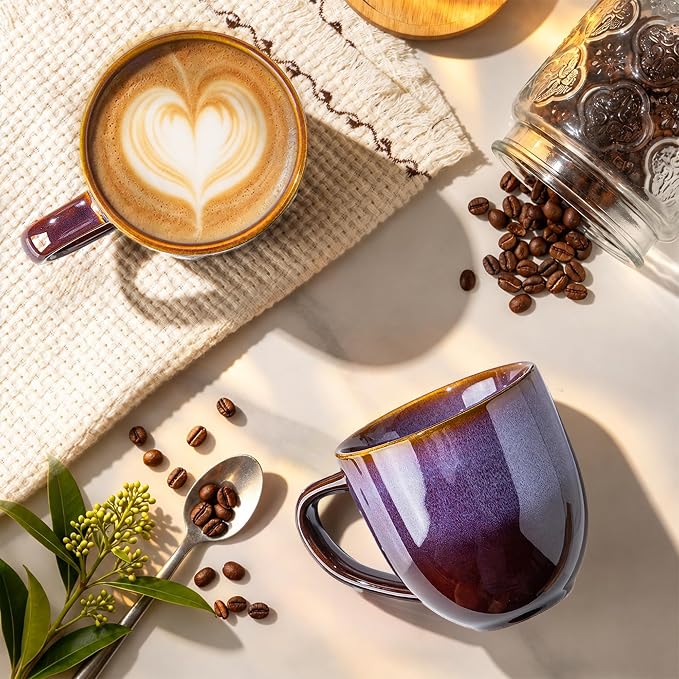 theterra Ceramic Coffee Mugs Set of 6, 12 oz Coffee Cups with Handle | Handmade, Suitable for Latte, Tea, Milk, Beer & Hot Cocoa, Amber Amethyst