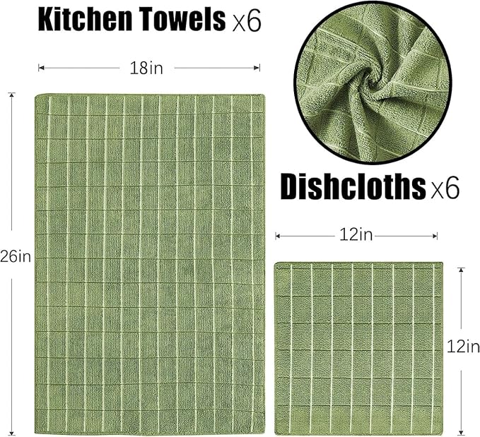 Puomue Microfiber Kitchen Towels and Dishcloths Set, 26 x 18 Inch and 12 x 12 Inch, Set of 12 Bulk Lint Free Dish Towels for Drying Dishes, Olive Green