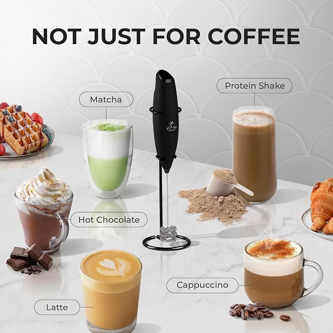 Zulay Kitchen Powerful Milk Frother Wand With Duracell Batteries - Ultra Fast Handheld Drink Mixer - Electric Whisk Foam Maker for Coffee, Lattes, Cappuccino & Matcha - Triple Whisk - Midnight Elite