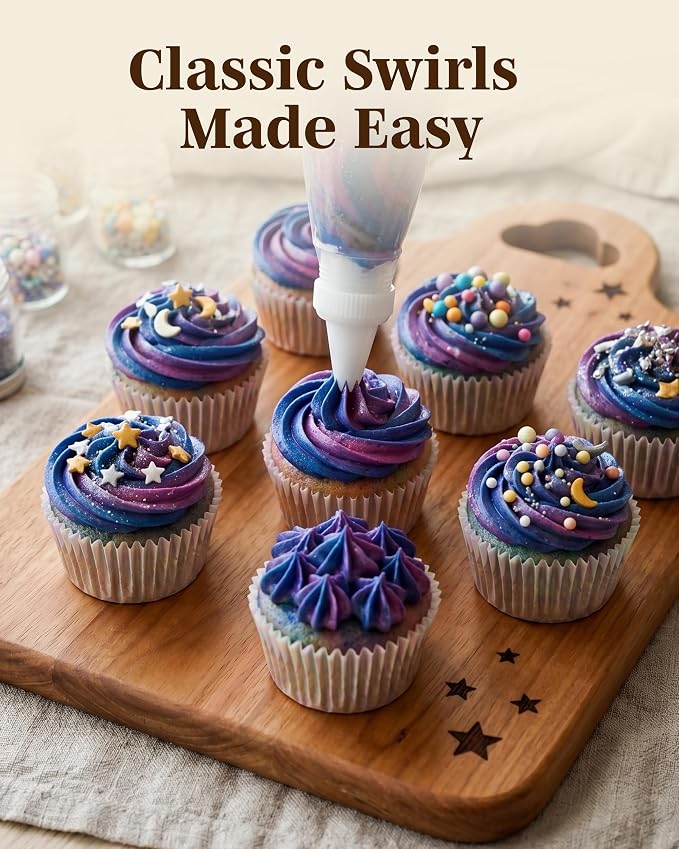 Reusable Plastic Piping Tips, Nozzles Standard Size Star Tip #21 (20pcs) | EZPiping Icing Nozzles with 2 couplers for Cake Decoration and Dessert Design, Baking Supplies Base Ø 0.75" Height 1.25"