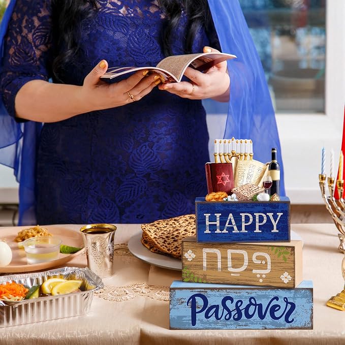 Lineshading 4 Pcs Wooden Passover Block Signs Farmhouse Tiered Tray Decor | Rustic Tabletop Centerpiece, Hebrew Text Design, Menorah Wine Matzo Elements, Gift for Jewish Home Table Decoration
