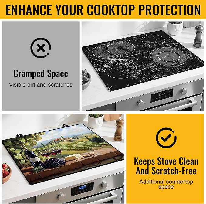 NYZE Stove Top Cover for Electric/Glass Stove, 28x20 Inch Stovetop Cover Flat Top Protector Dish Drying Mat for Kitchen (Vineyard)