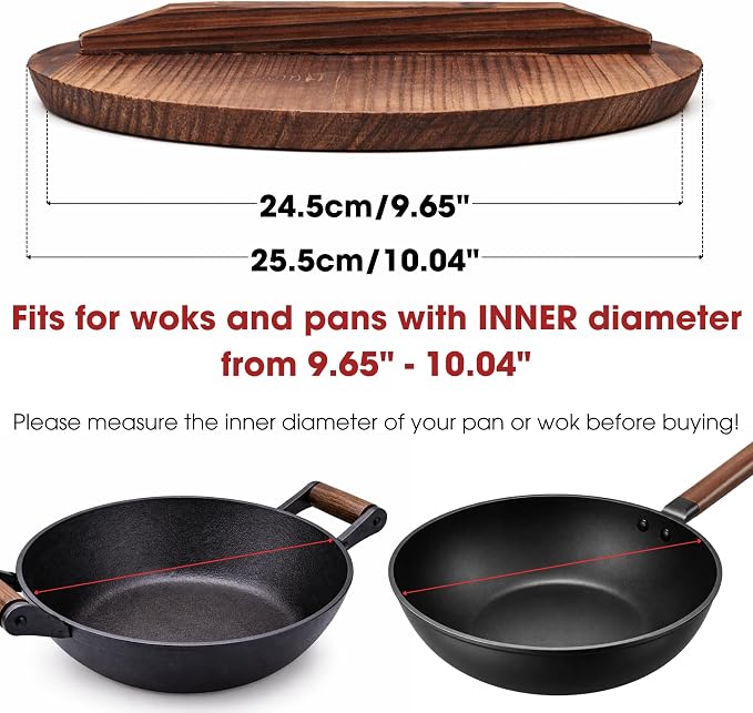 Wooden Wok Lid, 26cm/10inch Diameter, Cover Lids for Pot Pan, Cast Iron Wok, with Large Handle, Natural Wood for Anti-Hot, Anti-Spillover, Stir Fry Pan, Lightweight Handcrafted Kitchen Accessory Tool