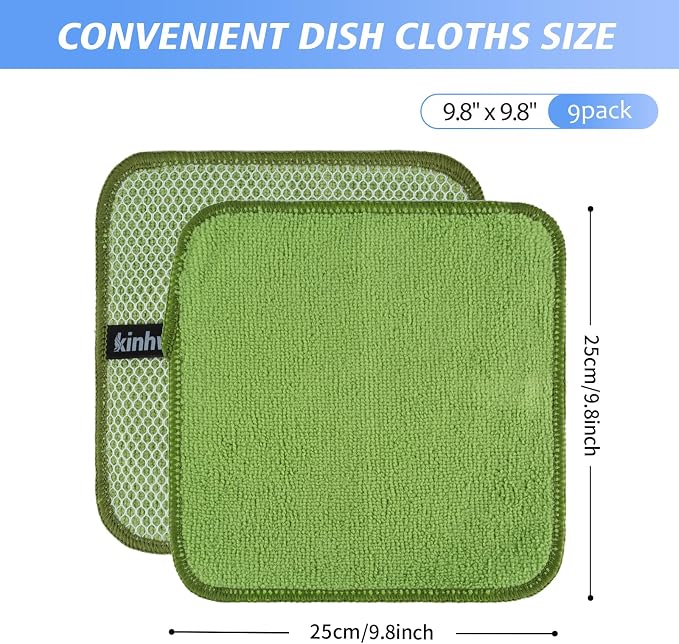 Dish Cloths for Washing Dishes with Scrub Side, Microfiber Dish Rags | Dual-sided microfiber dish cloths with scrubber for stuck-on food, quick dry kitchen washcloths 9 Pack, 9 Inch Mixing colors