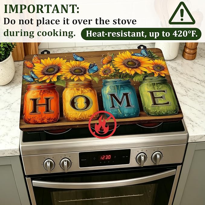 Stove Top Cover Sunflower Mason Jar 28.5x20.5Inch for Electric Stove,Heat Resistant Silicone Cooktop Protector,Glass Stove Cover Mat, Anti Scratch Countertop Protector