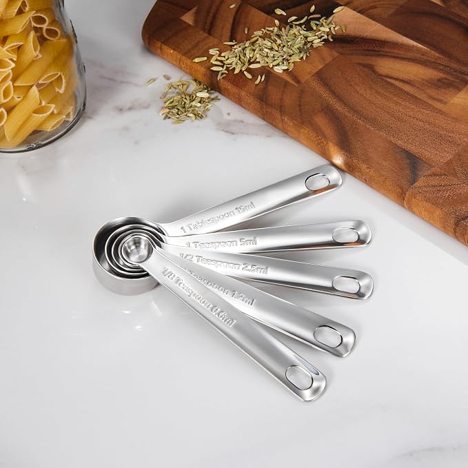 Premium 18/10 Measuring Spoons Set (Silver, 5PC Measuring Spoons) | 18/10 Stainless Steel; 1/8 Tsp to 1 Tbsp; Extrat-Long Handles; Stackable; Dishwasher Safe for Baking and Cooking.