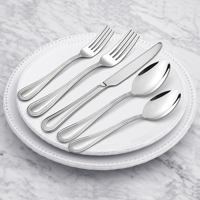 40-Piece Silverware Set, HaWare Stainless Steel Flatware Service for 8, Pearled Edge Tableware Cutlery Include Knife/Fork/Spoon, Beading Eating Utensil for Home, Mirror Polished, Dishwasher Safe