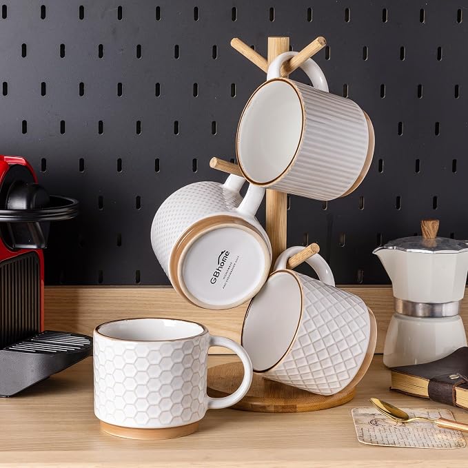 GBhome 15 OZ Stackable Coffee Mugs Set of 4, Ceramic Coffee Cups Set | 4 Assorted Designs, Embossed Mugs with Texture Patterns for Tea/Coffee, Dishwasher&Microwave Safe, Off White
