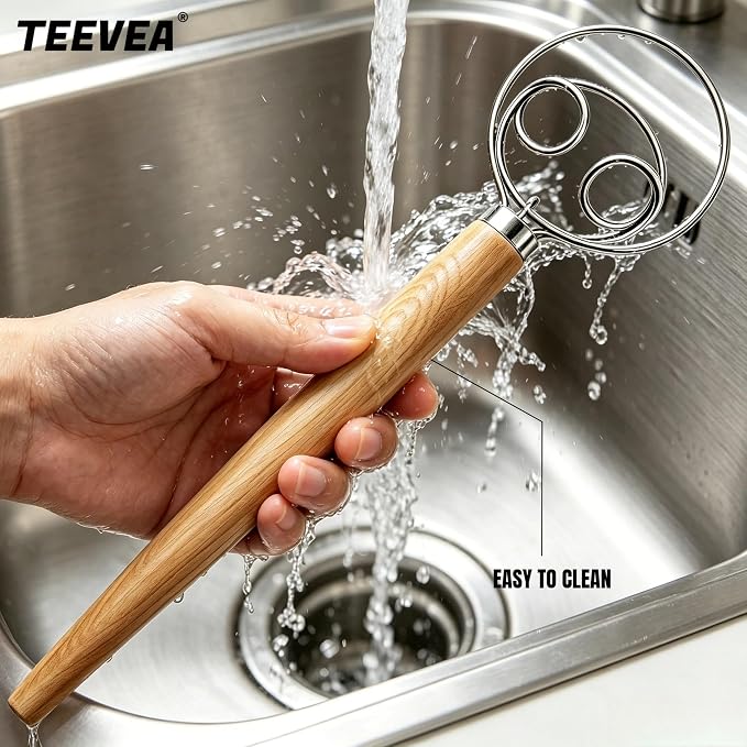 TEEVEA Danish Dough Whisk Stainless Steel Wooden Handle for Sourdough Bread | 4-Loop Food-Grade Steel Dutch Whisk, Even Mixing, Replaces Dough Hook and Mixing Spoon, Nonstick Easy Clean, Sourdough Mixer