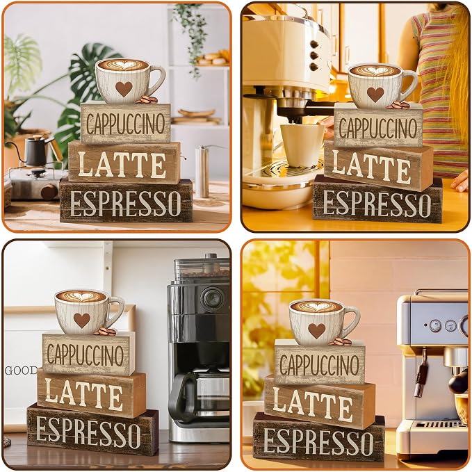 Lineshading 4 Pcs Farmhouse Coffee Bar Signs, Wooden Coffee Stacked Blocks | Vintage Coffee Bar Decor, Coffee Station Accessories with Cappuccino Latte, Table Decor for Home Kitchen Office Tiered Tray
