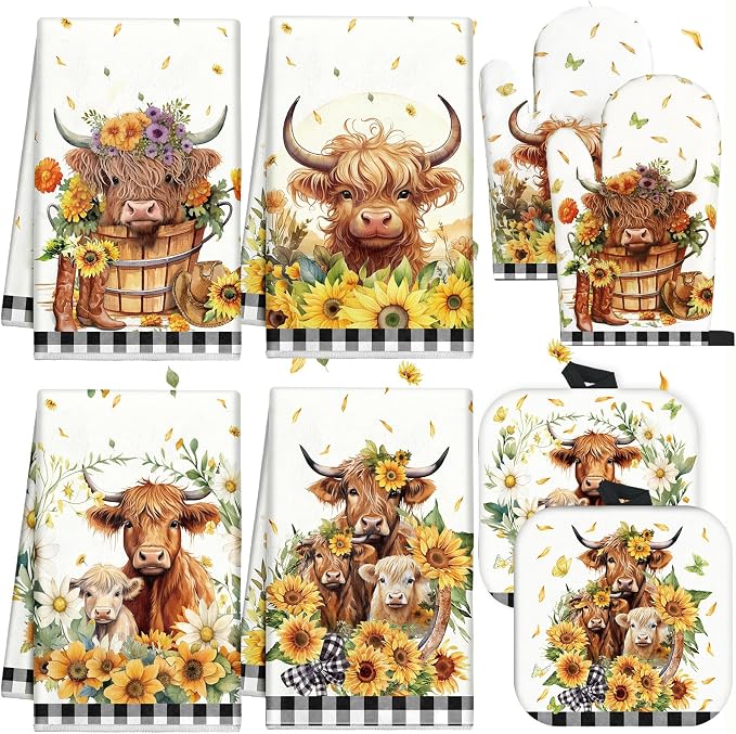 VitalCozy 8 Pcs Highland Cow Kitchen Towels Pot Holders Oven Mitt Set Absorbent Highland Cattle Dish Towels Square Potholders Watercolor Heat Resistant Glove for Home Cooking Baking Gift(Sunflower)
