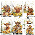 VitalCozy 8 Pcs Highland Cow Kitchen Towels Pot Holders Oven Mitt Set Absorbent Highland Cattle Dish Towels Square Potholders Watercolor Heat Resistant Glove for Home Cooking Baking Gift(Sunflower)