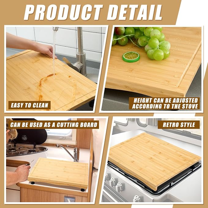 Sintuff Rv Stove Top Cover Board, Multiple Wood Noodle Board Gas Burner Camper Stove Top Cover with 4 Pcs Adjustable Legs and Juice Grooves for Trailer Electric Gas Burner Kitchen (20" x 17")