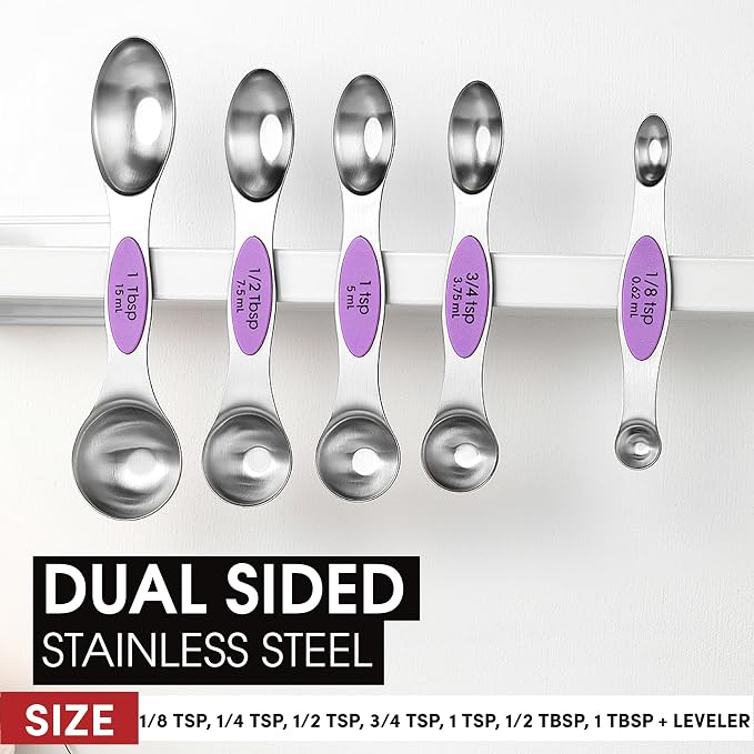 Spring Chef Stainless Steel Magnetic Measuring Spoons Set of 8, Orchid | Nesting Teaspoon & Tablespoon Measuring Spoons w/ Leveler for Dry & Liquid Ingredients, Measure Spoons For Baking & Cooking