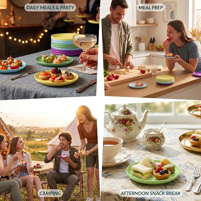 Mini Appetizer Plates 5.7-inch Wheat Straw Plates Set of 8 - Unbreakable Small Dessert, Snack, Salad Plates - Dishwasher Safe - Vibrant Memphis Colors