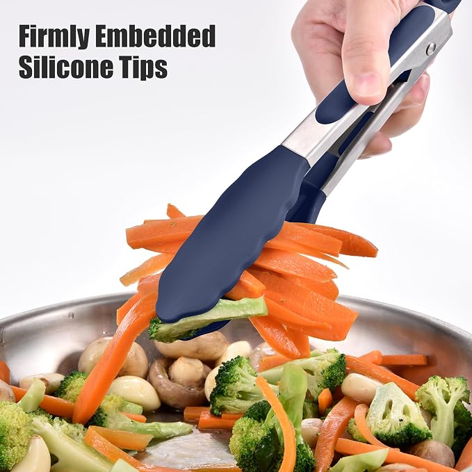 Doosu Kitchen Tongs with Silicone Tips for Cooking Serving (7in, Navy Blue) | 600°F Heat Resistant Food Tong, Heavy Duty Stainless Steel Locking Tong for BBQ, Grilling Steak, Salad, Toast, Pasta