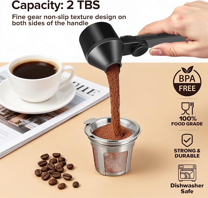 Coffee Scoop with Built-in Funnel & Long Handle - Precision Dosing Spoon for Reusable K-Cups, Protein Powder Scoop, Ground Coffee - 2 Tbsp Measuring Spoon, BPA-Free PCTG, Black (1 Pack)