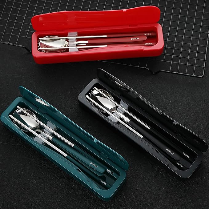 DEVICO Travel Utensils with Case, 4Pcs Portable Silverware Set for Work, 18/8 Stainless Steel Reusable Cutlery, Korean Spoon and Chopsticks Fork for Camping, School, Lunch Box Accessories (Dark Green)
