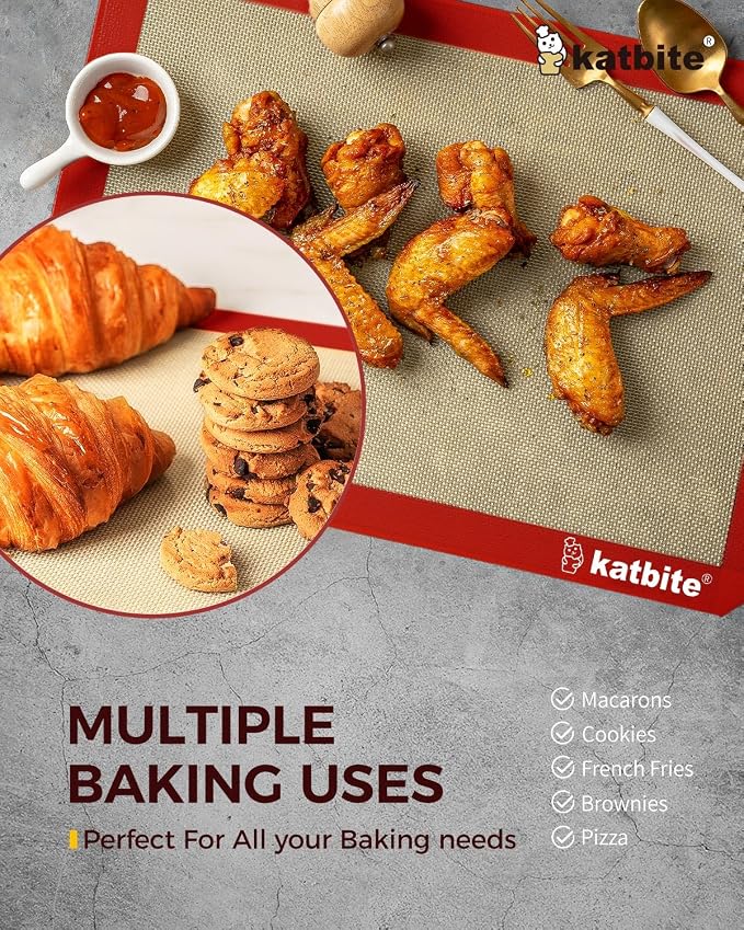 Katbite Silicone Baking Mat Set of 3 Red | 2 Half Sheets Mats + 1 Quarter Baking Sheet, Reusable & Nonstick Bakeware Mats for Cookies, Macarons, Bread