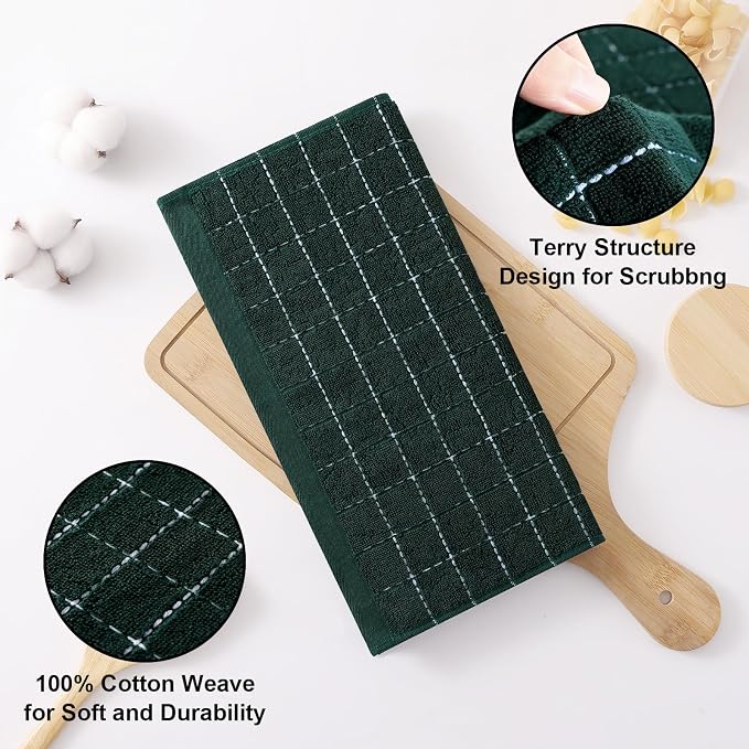 Homaxy 100% Cotton Terry Kitchen Dish Cloths, 6 Pack, Blackish Green | Ultra Soft and Absorbent, Suitable for Drying and Washing Dishes