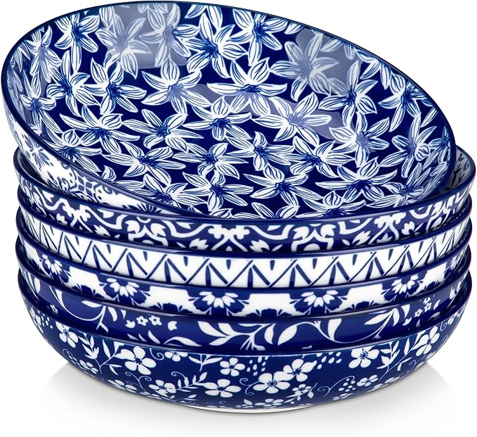 vancasso SELENE 50 oz Large Pasta Bowls Set of 6, Porcelain Serving Bowls, 9.5 Inch Wide Shallow Salad & Soup Bowls, Kitchen Pasta Plates, Microwave and Dishwasher Safe, Blue White Floral Design