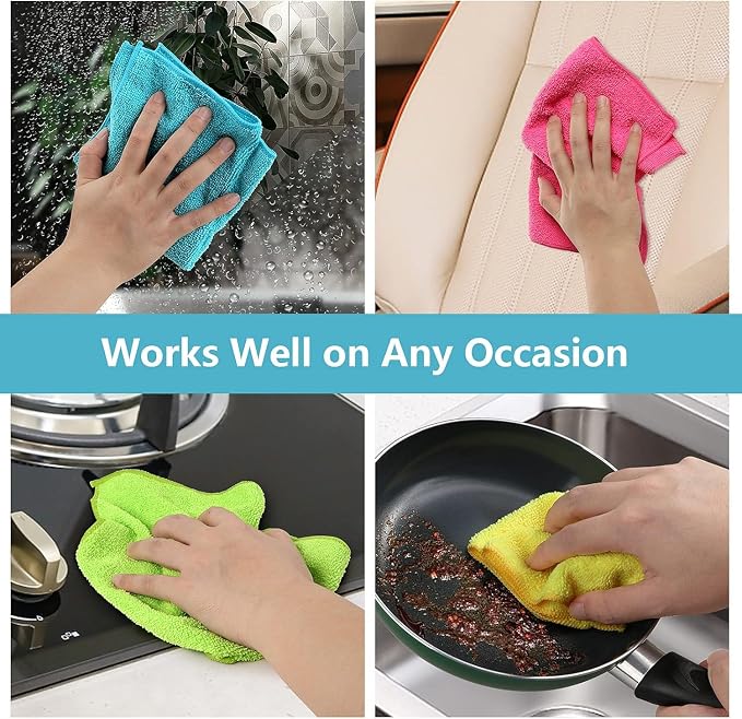 HOMEXCEL Microfiber Cleaning Cloth, 5 Pack Cleaning Towels for Kitchen, Lint Free, Scratch-Free, Highly Absorbent, and Reusable Cleaning Rags for House, 11.5 X11.5 inch (Green/Blue/Yellow/Pink)