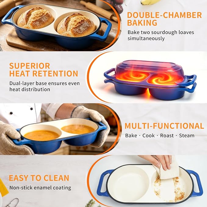 2026 Premium Double Enameled Cast Iron Dutch Oven for Sourdough Bread Baking – 2-in-1 Bread Baker with Lid, Dual Mini Loaf Pan, 500°F Oven Safe, Even Heating for Artisan Bread, Nonstick Enamel