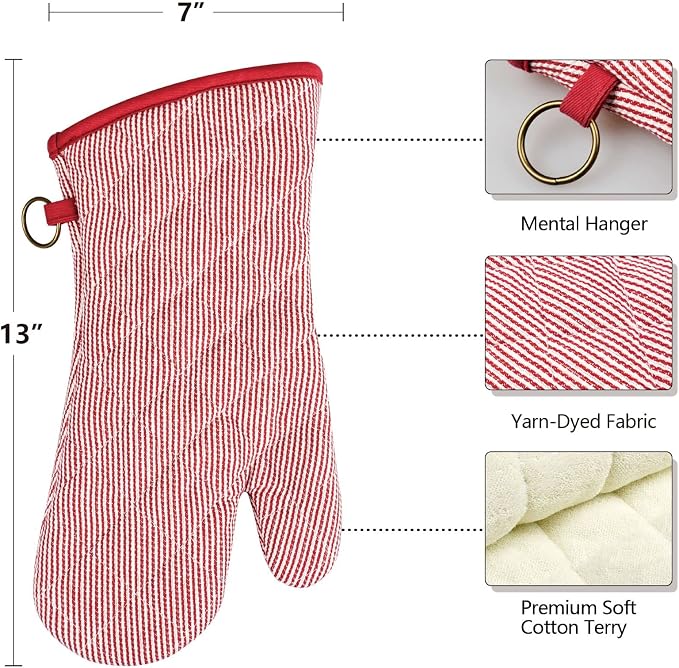 Yarn Dyed Oven Mitts 1 Pair， 100% Cotton Heat Resistant 470 Degree | Oven Gloves for Men Women Cooking Baking Barbecue BBQ Microwave Crafting Machine Washable Pot Holders Mittens (Red 2)